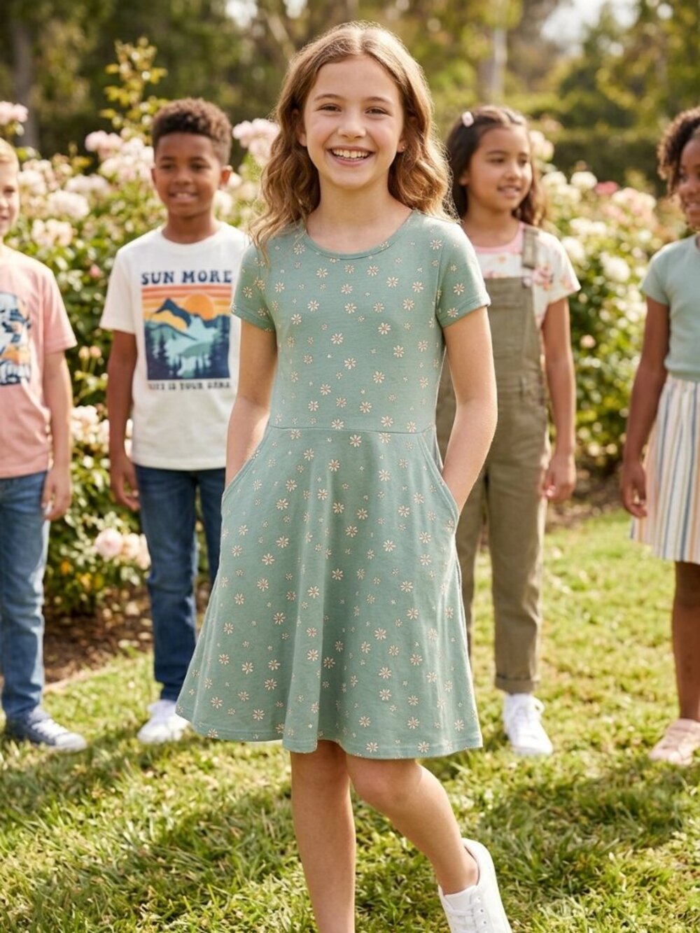 Wonder nation kids Size L Sage Green Daisy Print Short Sleeve Dress